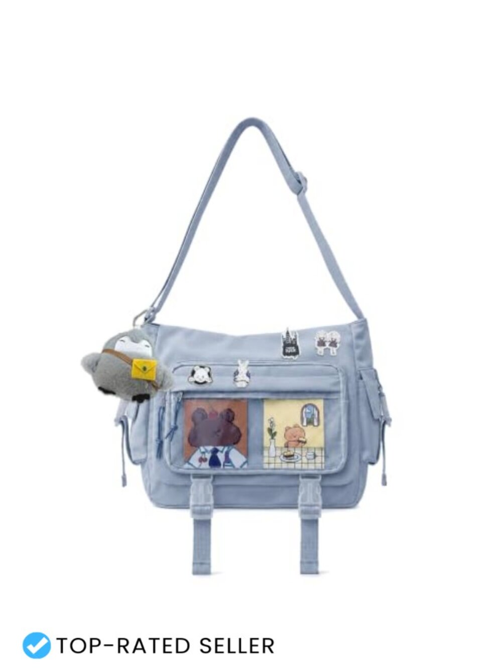 Kawaii Ita Bag Messenger Crossbody with Pins, Nylon, Anime Y2K